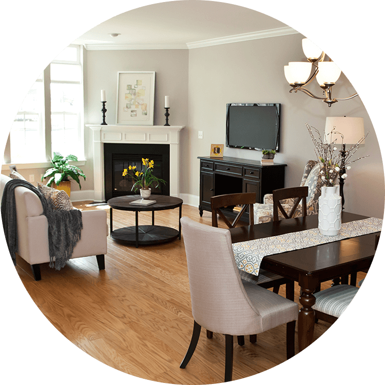 Senior living home featuring a dining room and living room