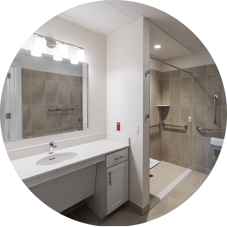 Bathroom at a senior living home in Brittany Place