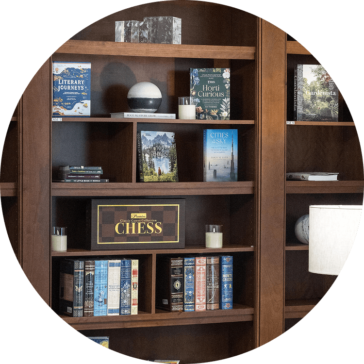 Bookshelf with books and games at Searstone