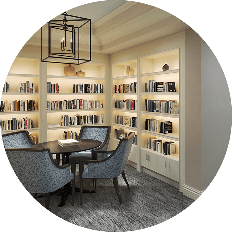 Bookshelves at a shared space within Searstone